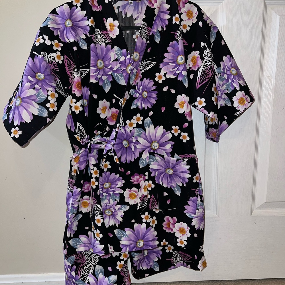 Floral Butterfly Jinbei Kimono size 150 cm Japanese Girls Purple Black